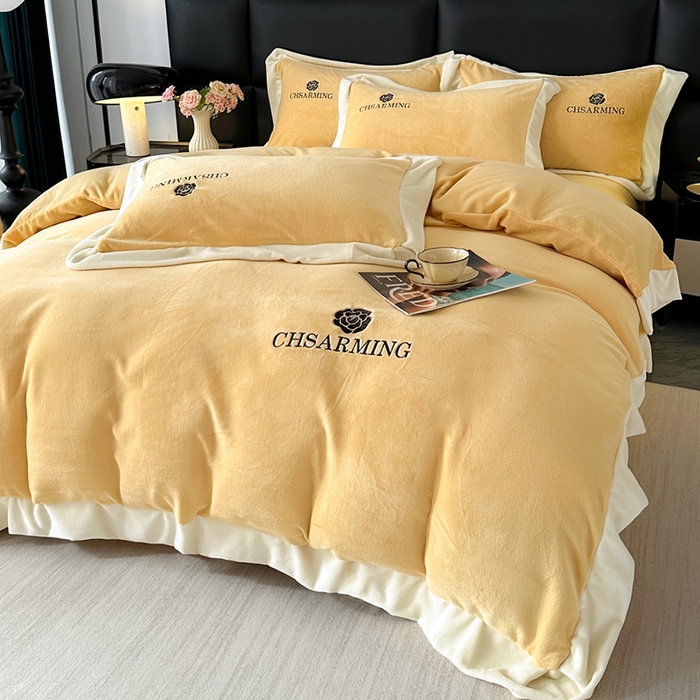 91家纺网 家纺一手货源 找家纺 畅畅家纺 2025新款冬季加厚牛奶绒刺绣加绒保暖四件套-山茶花系列 山茶花-姜黄色