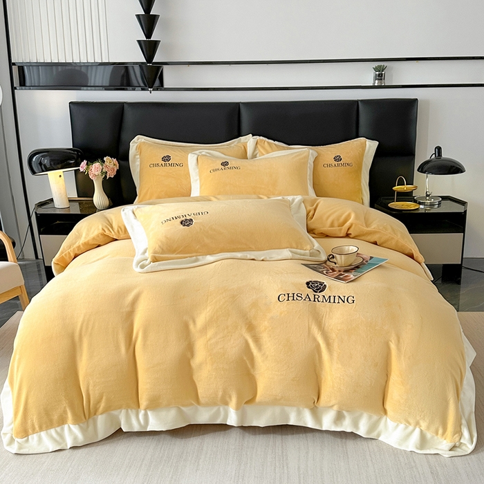 畅畅家纺 2025新款冬季加厚牛奶绒刺绣加绒保暖四件套-山茶花系列 山茶花-姜黄色