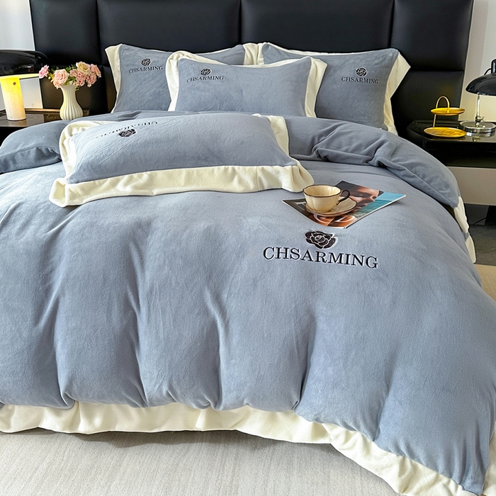 91家纺网 家纺一手货源 找家纺 畅畅家纺 2025新款冬季加厚牛奶绒刺绣加绒保暖四件套-山茶花系列 山茶花-蓝灰色