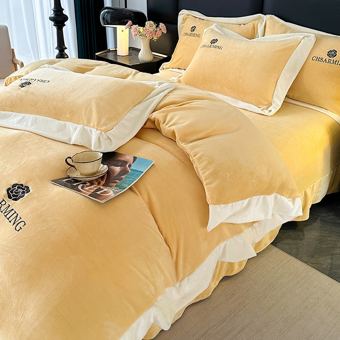 91家纺网 家纺一手货源 找家纺 畅畅家纺 2025新款冬季加厚牛奶绒刺绣加绒保暖四件套-山茶花系列 山茶花-姜黄色