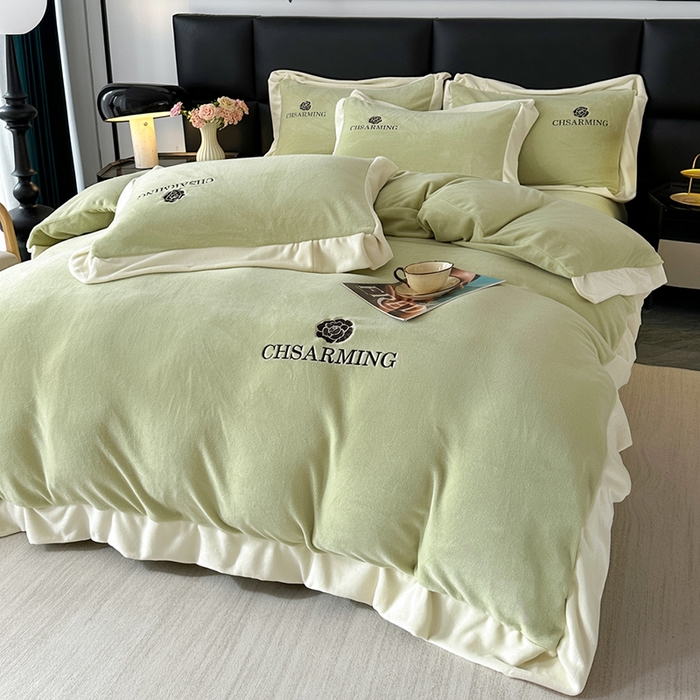 91家纺网 家纺一手货源 找家纺 畅畅家纺 2025新款冬季加厚牛奶绒刺绣加绒保暖四件套-山茶花系列 山茶花-果绿