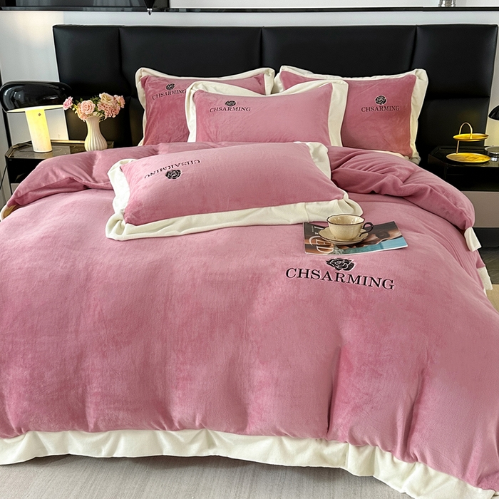 91家纺网 家纺一手货源 找家纺 畅畅家纺 2025新款冬季加厚牛奶绒刺绣加绒保暖四件套-山茶花系列 山茶花-豆沙色