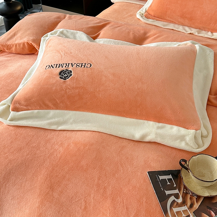 91家纺网 家纺一手货源 找家纺 畅畅家纺 2025新款冬季加厚牛奶绒刺绣加绒保暖四件套-山茶花系列 山茶花-艾玛橙