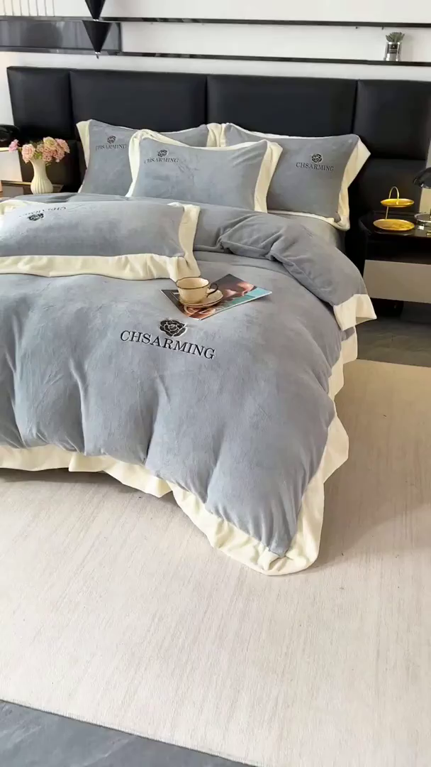 91家纺网 家纺一手货源 找家纺 畅畅家纺 2025新款冬季加厚牛奶绒刺绣加绒保暖四件套-山茶花系列 山茶花-灰色