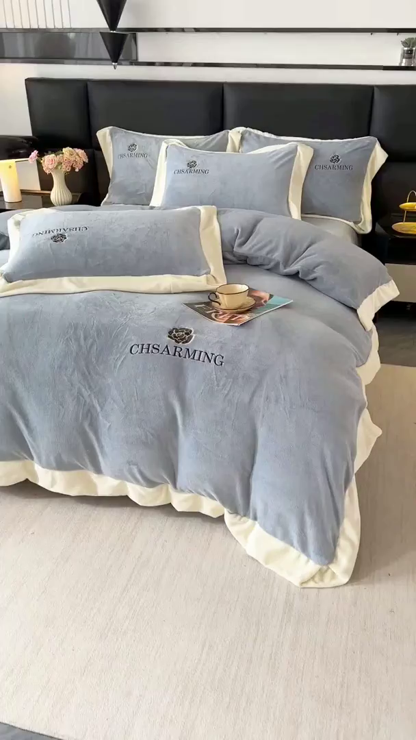 91家纺网 家纺一手货源 找家纺 畅畅家纺 2025新款冬季加厚牛奶绒刺绣加绒保暖四件套-山茶花系列 山茶花-蓝灰色