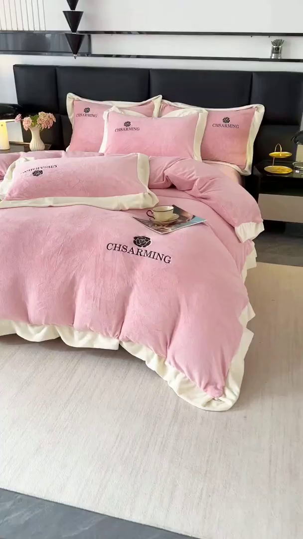 91家纺网 家纺一手货源 找家纺 畅畅家纺 2025新款冬季加厚牛奶绒刺绣加绒保暖四件套-山茶花系列 山茶花-樱花粉