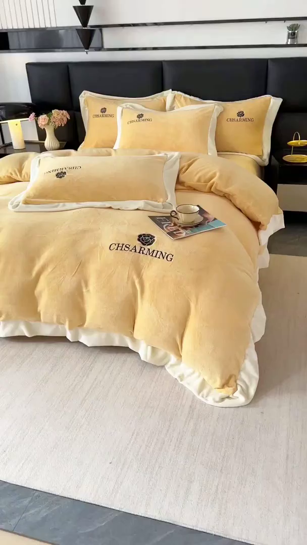 91家纺网 家纺一手货源 找家纺 畅畅家纺 2025新款冬季加厚牛奶绒刺绣加绒保暖四件套-山茶花系列 山茶花-姜黄色