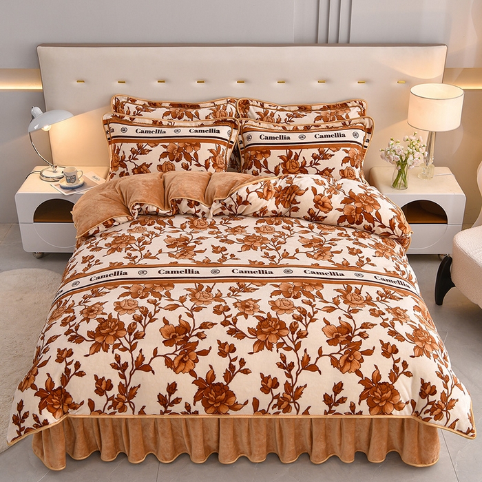 91家纺网 家纺一手货源 找家纺 赛丽雅 2025新款牛奶绒床裙四件套8-9斤法莱绒直播爆款日产2万套 暖暖花藤