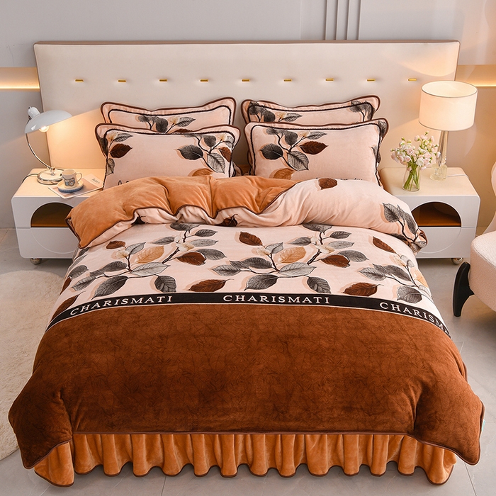 91家纺网 家纺一手货源 找家纺 赛丽雅 2025新款牛奶绒床裙四件套8-9斤法莱绒直播爆款日产2万套 叶韵悠然