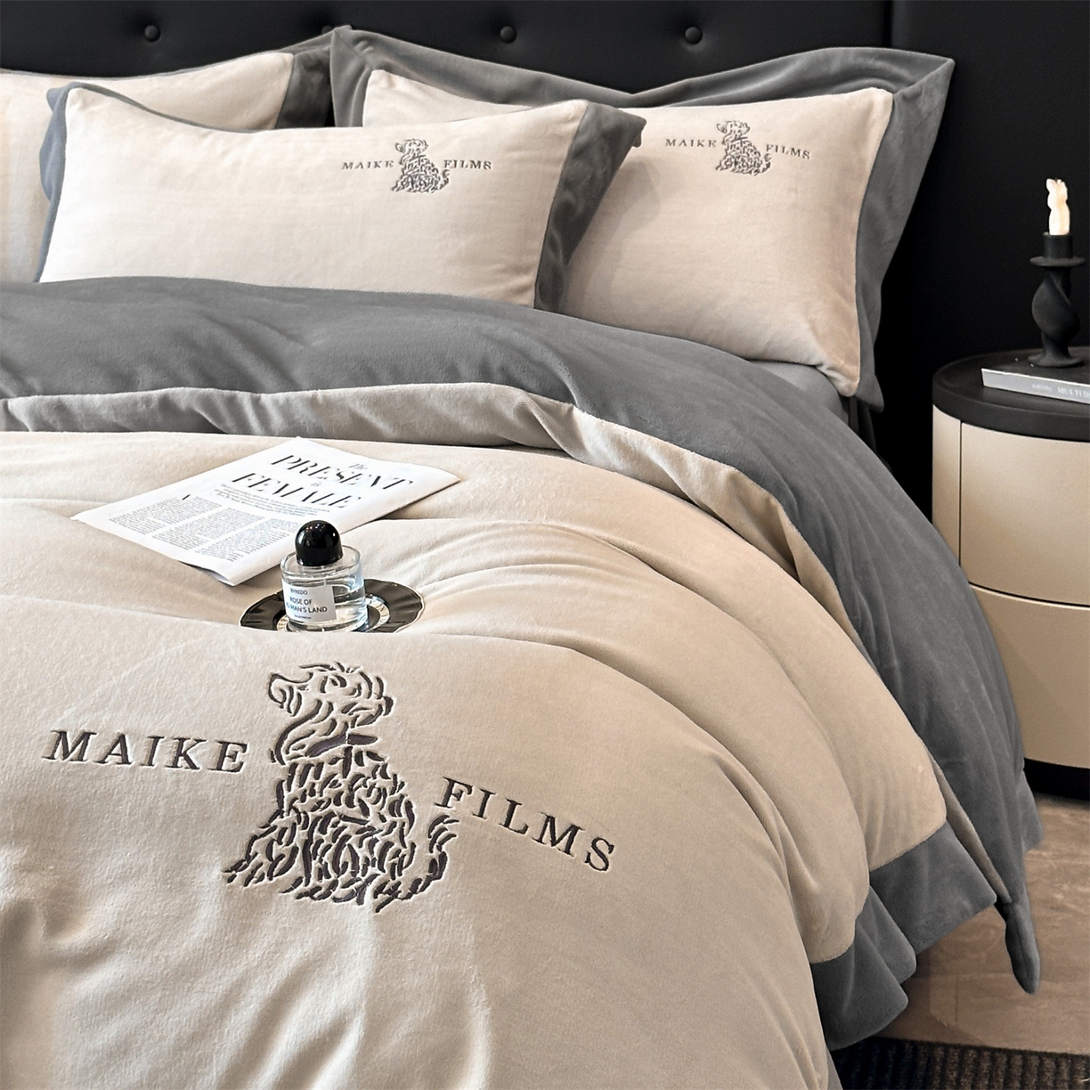 91家纺网 家纺一手货源 找家纺 笙意家纺 2025新款A类牛奶绒加厚卡通刺绣四件套-旺仔 旺仔-山灰+中灰