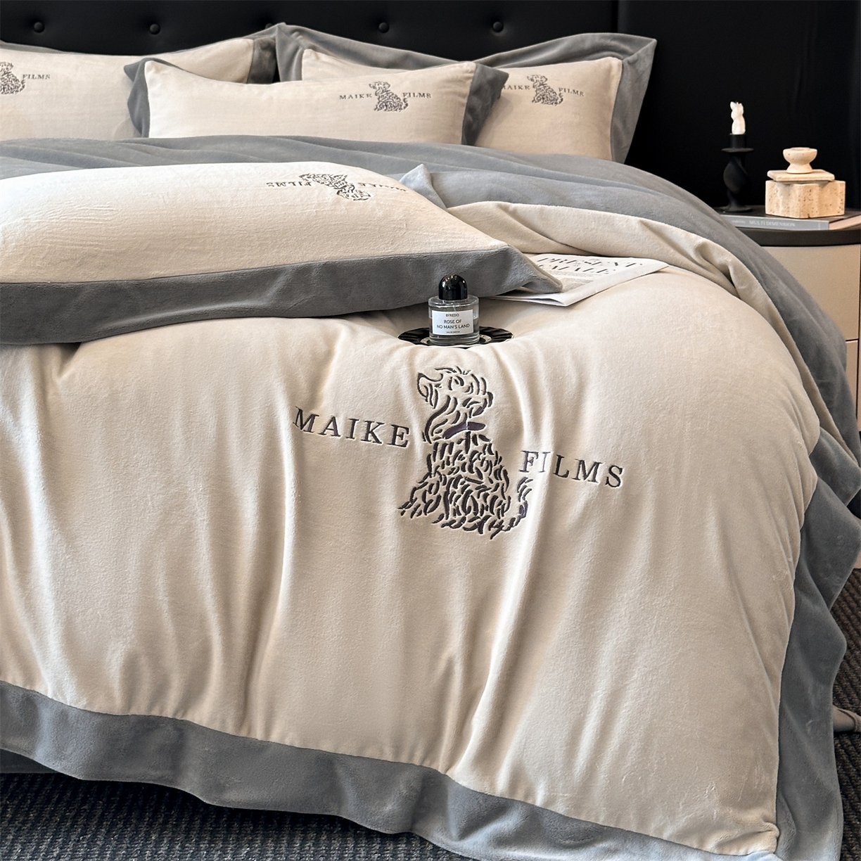 笙意家纺 2025新款A类牛奶绒加厚卡通刺绣四件套-旺仔 旺仔-山灰+中灰