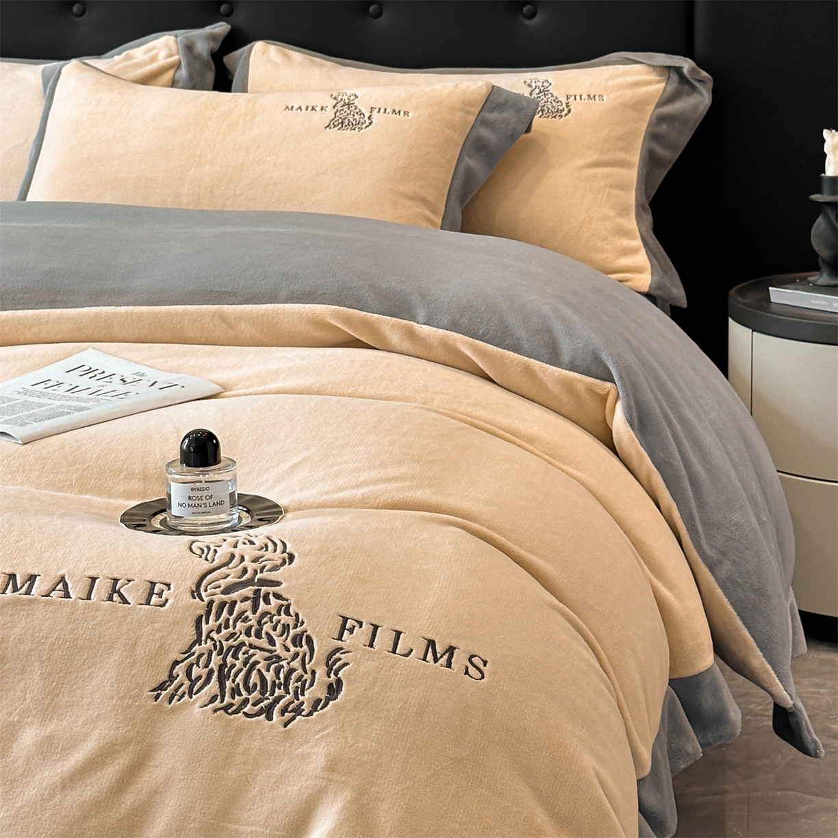 91家纺网 家纺一手货源 找家纺 笙意家纺 2025新款A类牛奶绒加厚卡通刺绣四件套-旺仔 旺仔-香槟+中灰