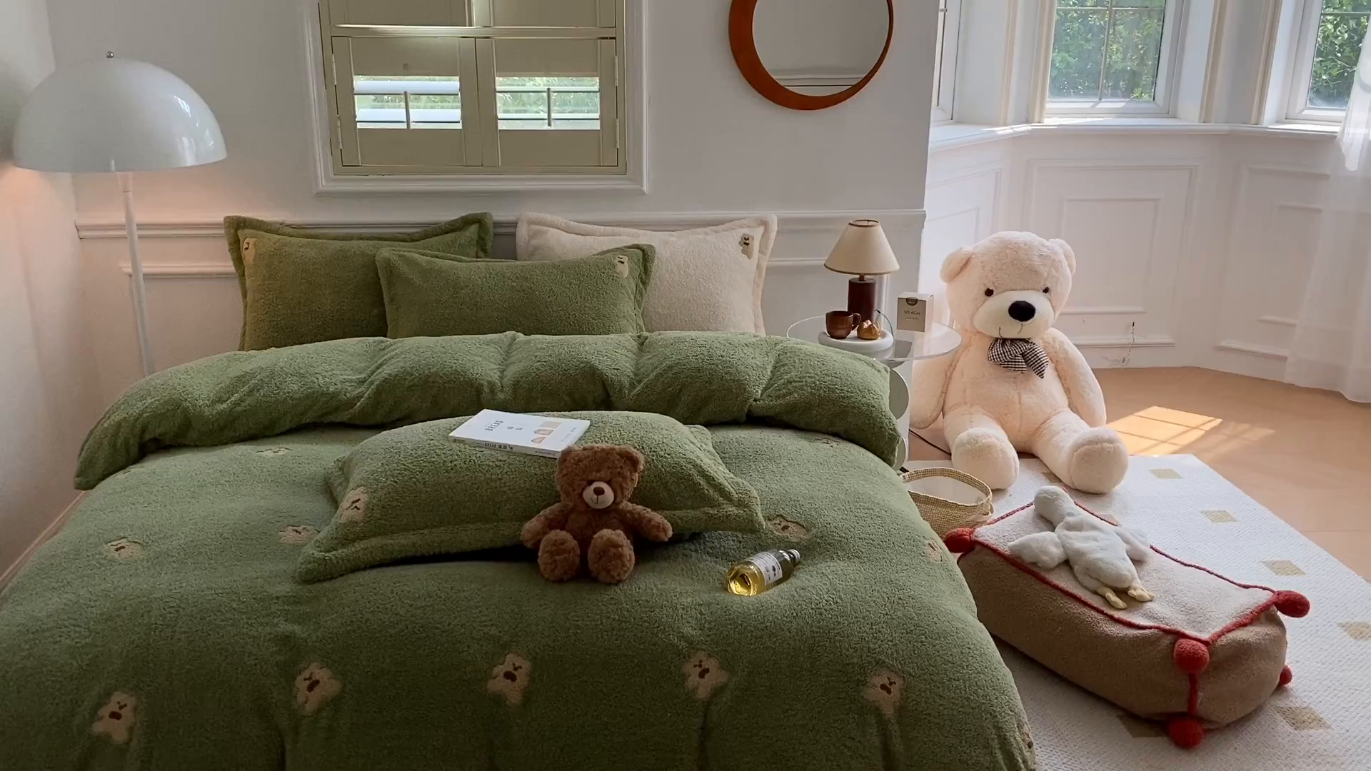 91家纺网 家纺一手货源 找家纺 萝莉家纺 2025新款加厚泰迪绒毛巾绣四件套 熊豆绿