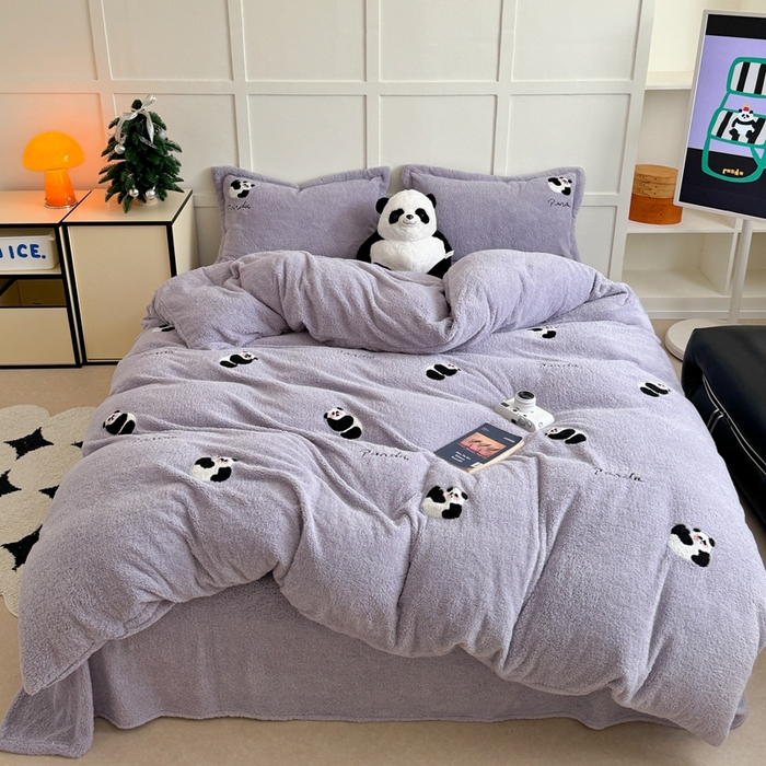 萝莉家纺 2025新款加厚泰迪绒毛巾绣四件套 熊猫紫