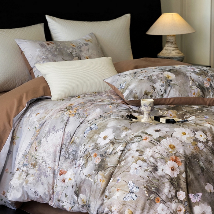 91家纺网 家纺一手货源 找家纺 立奥被业 2025新款全棉高密磨毛数码印花四件套（控价199）蝶舞咖