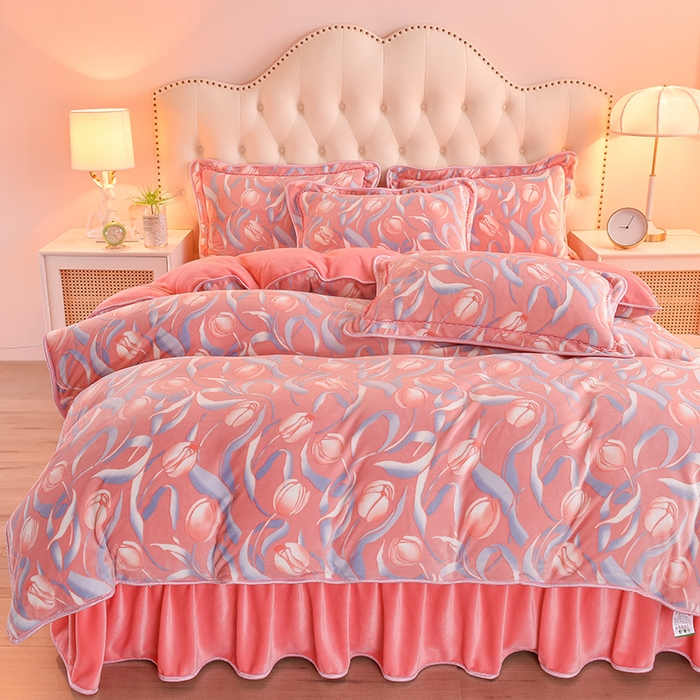 91家纺网 家纺一手货源 找家纺 赛丽雅 2025新款牛奶绒床裙四件套8-9斤法莱绒直播爆款日产2万套 郁金香 