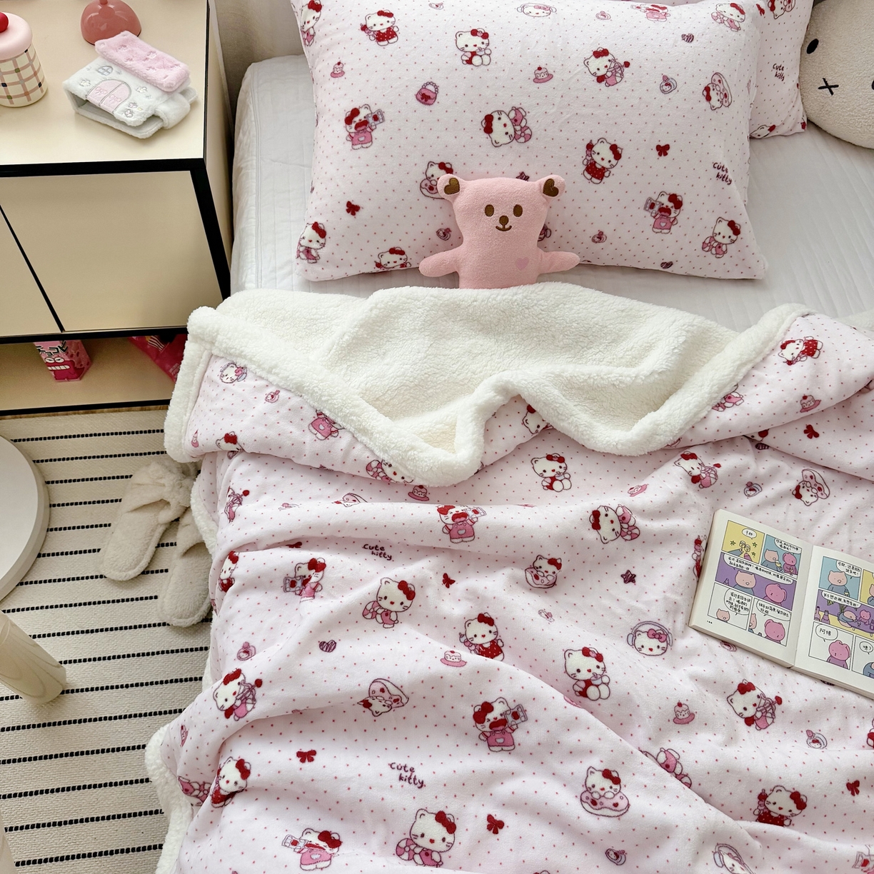 91家纺网 家纺一手货源 找家纺 大元 2025新款ins加厚小清新牛奶绒羊羔绒毛毯午睡毯沙发盖毯 超甜小猫咪