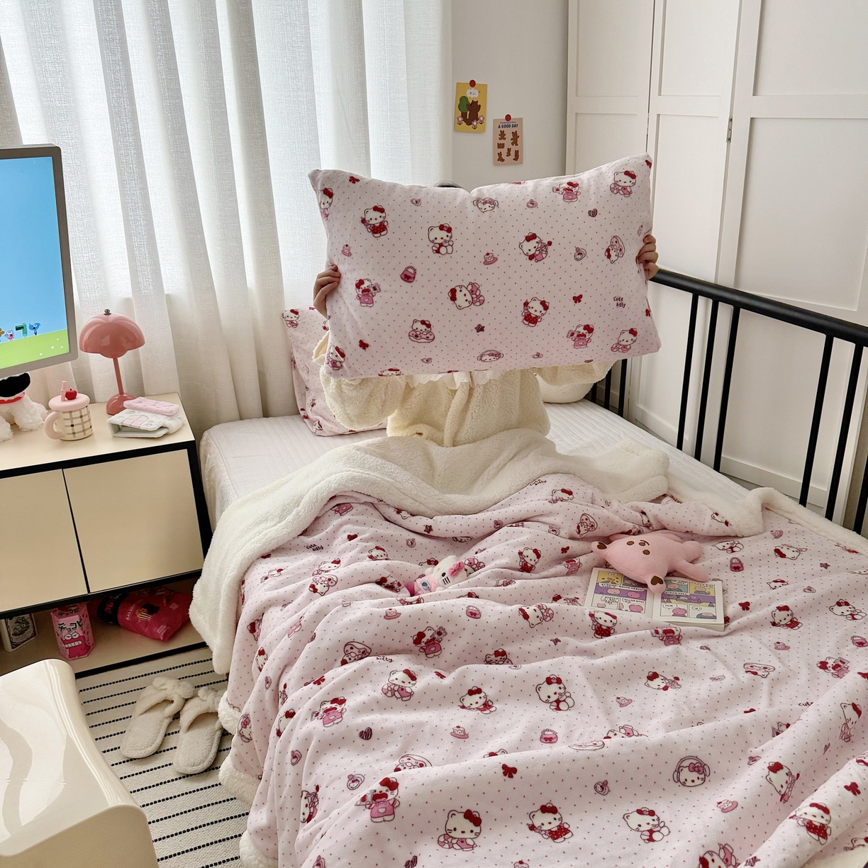 91家纺网 家纺一手货源 找家纺 大元 2025新款ins加厚小清新牛奶绒羊羔绒毛毯午睡毯沙发盖毯 超甜小猫咪