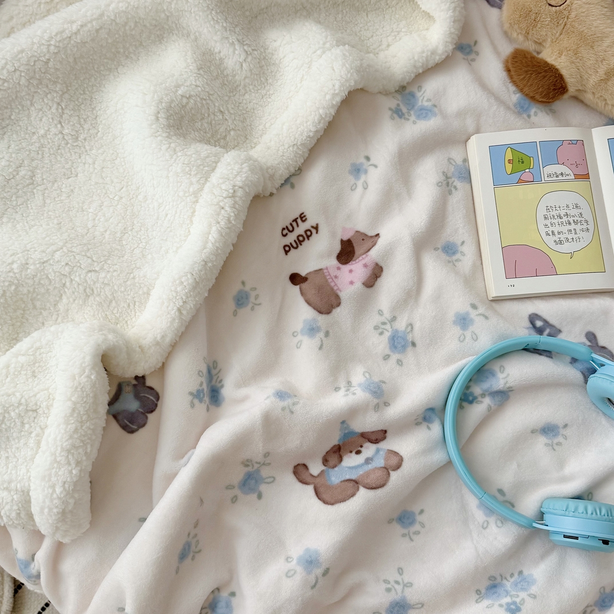 91家纺网 家纺一手货源 找家纺 大元 2025新款ins加厚小清新牛奶绒羊羔绒毛毯午睡毯沙发盖毯 狗狗乐园