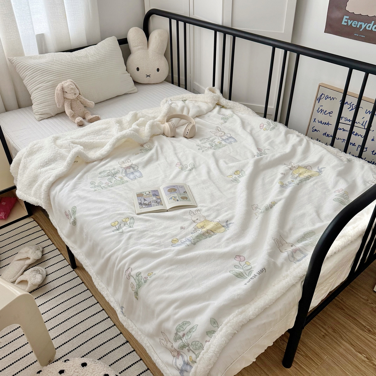 91家纺网 家纺一手货源 找家纺 大元 2025新款ins加厚小清新牛奶绒羊羔绒毛毯午睡毯沙发盖毯 花丛兔