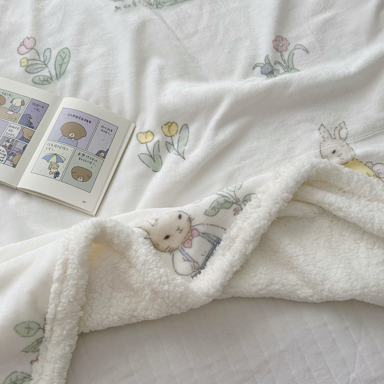 91家纺网 家纺一手货源 找家纺 大元 2025新款ins加厚小清新牛奶绒羊羔绒毛毯午睡毯沙发盖毯 花丛兔