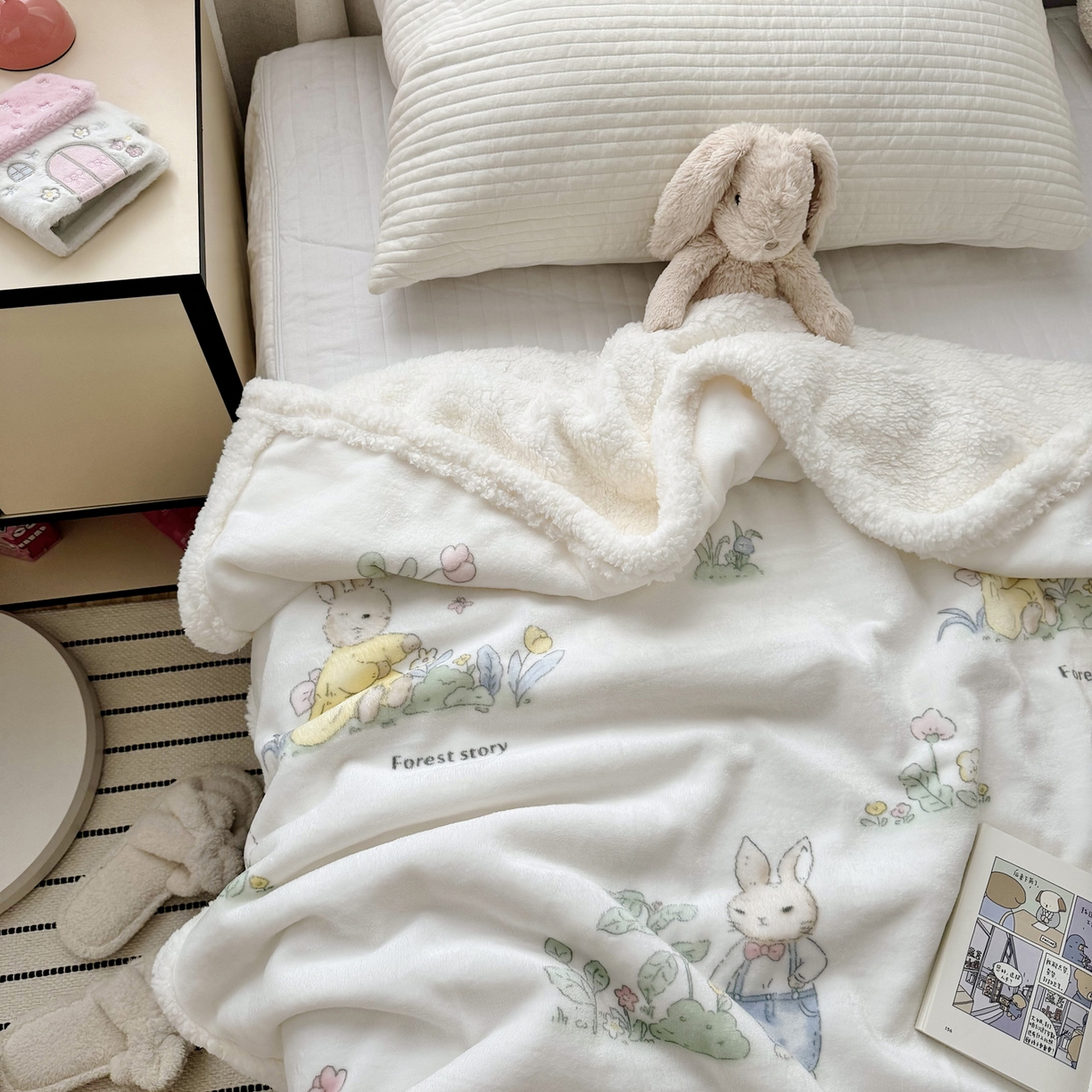 91家纺网 家纺一手货源 找家纺 大元 2025新款ins加厚小清新牛奶绒羊羔绒毛毯午睡毯沙发盖毯 花丛兔