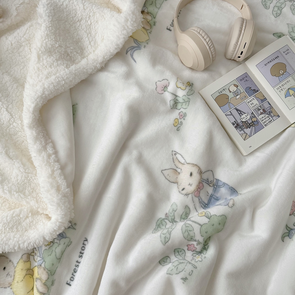 91家纺网 家纺一手货源 找家纺 大元 2025新款ins加厚小清新牛奶绒羊羔绒毛毯午睡毯沙发盖毯 花丛兔