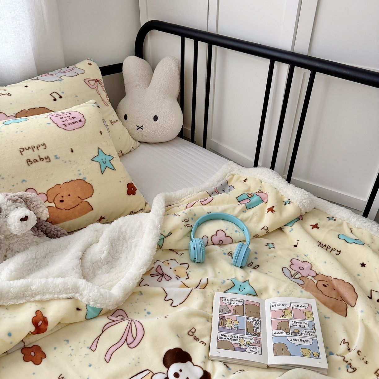 91家纺网 家纺一手货源 找家纺 大元 2025新款ins加厚小清新牛奶绒羊羔绒毛毯午睡毯沙发盖毯 可爱狗