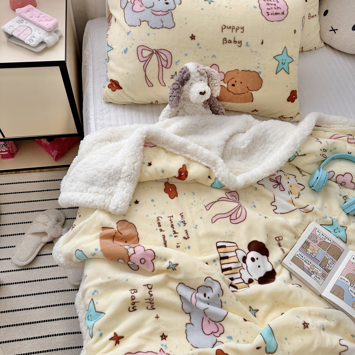 91家纺网 家纺一手货源 找家纺 大元 2025新款ins加厚小清新牛奶绒羊羔绒毛毯午睡毯沙发盖毯 可爱狗