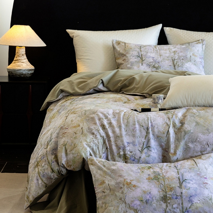 91家纺网 家纺一手货源 找家纺 立奥被业 2025新款全棉高密磨毛数码印花四件套（控价199）丛林绿