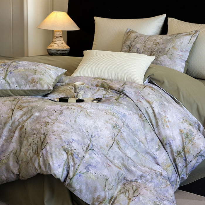 91家纺网 家纺一手货源 找家纺 立奥被业 2025新款全棉高密磨毛数码印花四件套（控价199）丛林绿