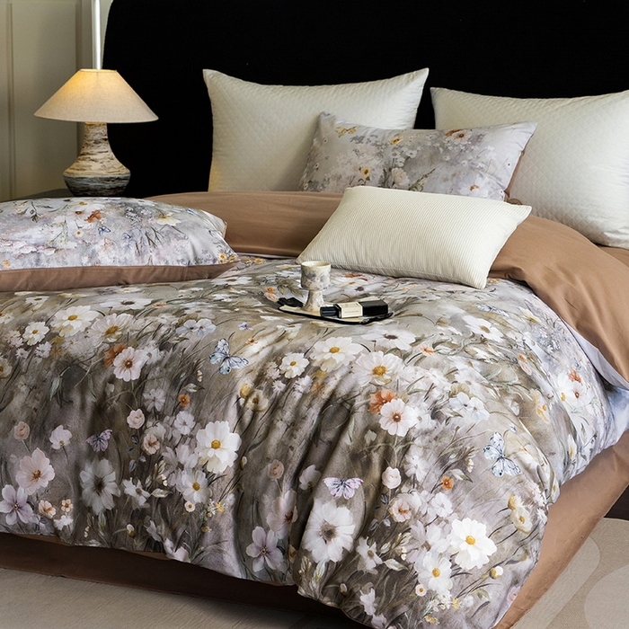 91家纺网 家纺一手货源 找家纺 立奥被业 2025新款全棉高密磨毛数码印花四件套（控价199）蝶舞咖