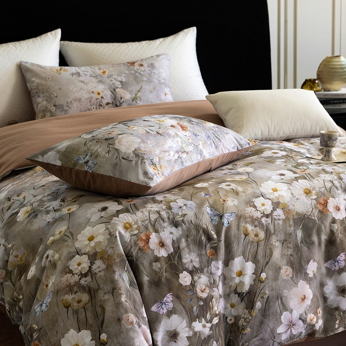 91家纺网 家纺一手货源 找家纺 立奥被业 2025新款全棉高密磨毛数码印花四件套（控价199）蝶舞咖