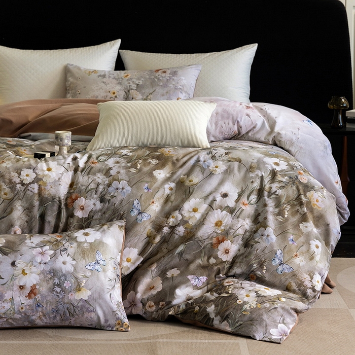 91家纺网 家纺一手货源 找家纺 立奥被业 2025新款全棉高密磨毛数码印花四件套（控价199）蝶舞咖