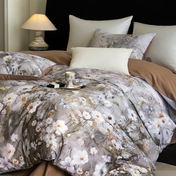 91家纺网 家纺一手货源 找家纺 立奥被业 2025新款全棉高密磨毛数码印花四件套（控价199）蝶舞咖