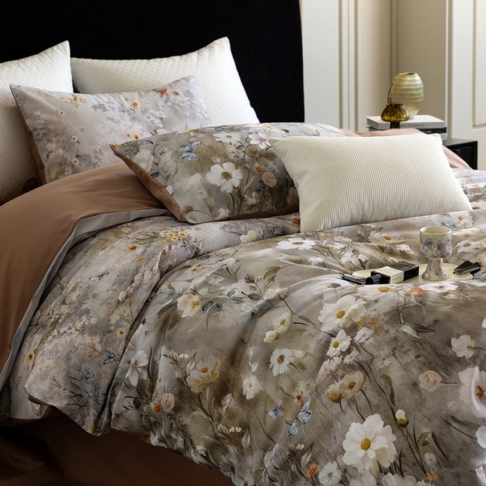 91家纺网 家纺一手货源 找家纺 立奥被业 2025新款全棉高密磨毛数码印花四件套（控价199）蝶舞咖