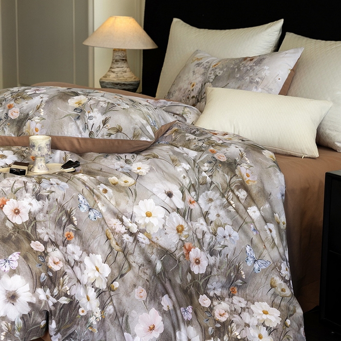 91家纺网 家纺一手货源 找家纺 立奥被业 2025新款全棉高密磨毛数码印花四件套（控价199）蝶舞咖