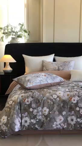 91家纺网 家纺一手货源 找家纺 立奥被业 2025新款全棉高密磨毛数码印花四件套（控价199）蝶舞咖