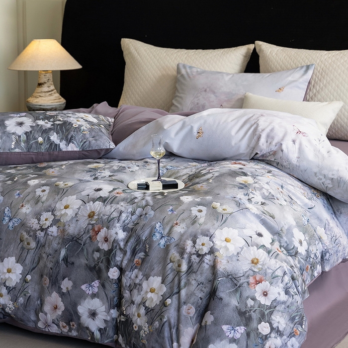 91家纺网 家纺一手货源 找家纺 立奥被业 2025新款全棉高密磨毛数码印花四件套（控价199）蝶舞紫