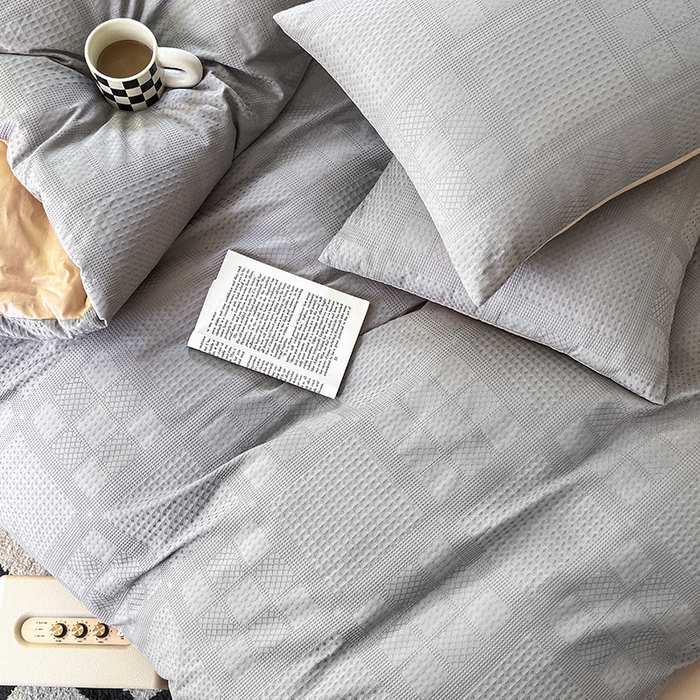 91家纺网 家纺一手货源 找家纺 菡宝 2025新款全棉纯棉色织小提花四件套支持定制定做尺寸 大方块灰