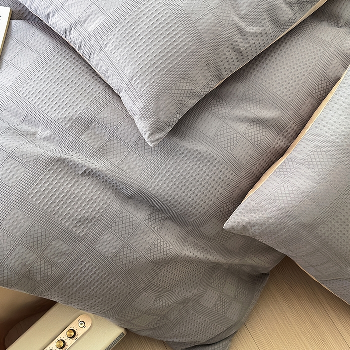 91家纺网 家纺一手货源 找家纺 菡宝 2025新款全棉纯棉色织小提花四件套支持定制定做尺寸 大方块灰