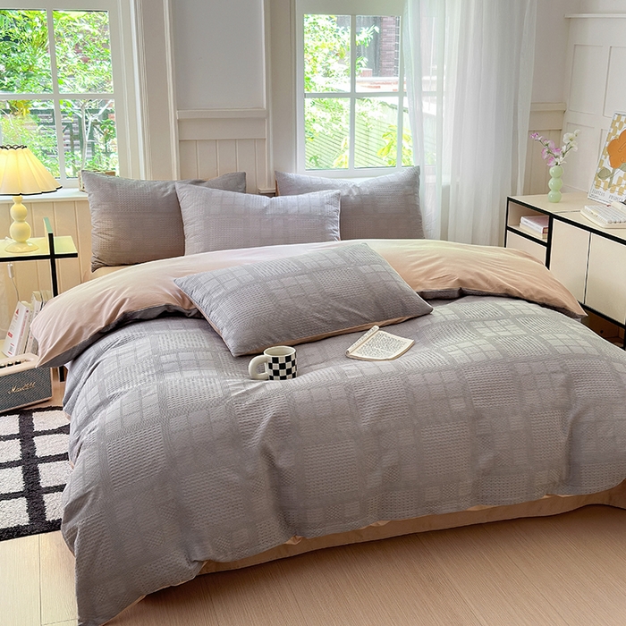 91家纺网 家纺一手货源 找家纺 菡宝 2025新款全棉纯棉色织小提花四件套支持定制定做尺寸 大方块灰