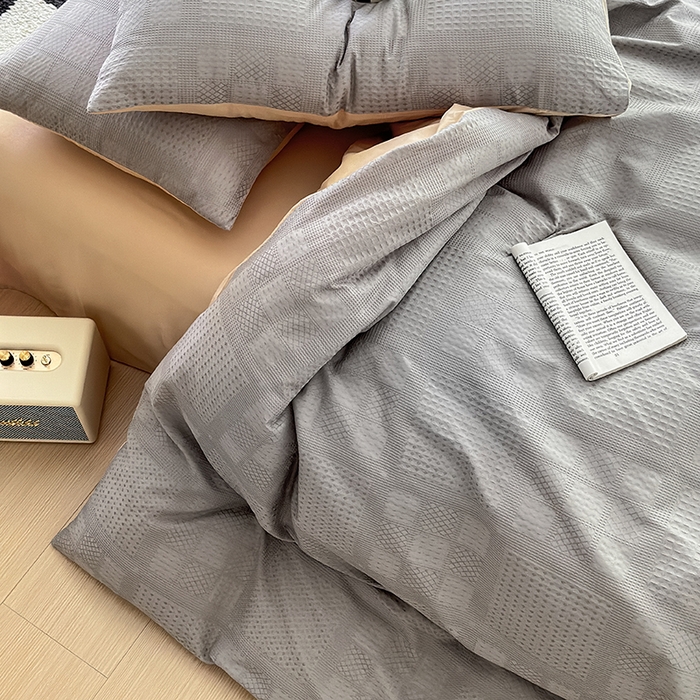 91家纺网 家纺一手货源 找家纺 菡宝 2025新款全棉纯棉色织小提花四件套支持定制定做尺寸 大方块灰