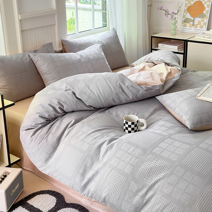 91家纺网 家纺一手货源 找家纺 菡宝 2025新款全棉纯棉色织小提花四件套支持定制定做尺寸 大方块灰