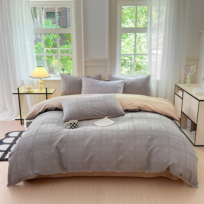 91家纺网 家纺一手货源 找家纺 菡宝 2025新款全棉纯棉色织小提花四件套支持定制定做尺寸 大方块灰