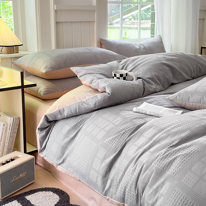 91家纺网 家纺一手货源 找家纺 菡宝 2025新款全棉纯棉色织小提花四件套支持定制定做尺寸 大方块灰