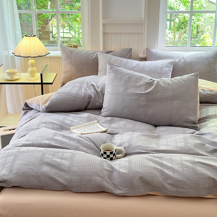 91家纺网 家纺一手货源 找家纺 菡宝 2025新款全棉纯棉色织小提花四件套支持定制定做尺寸 大方块灰