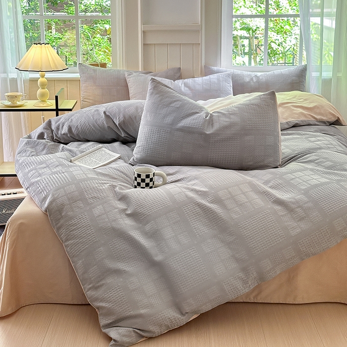 91家纺网 家纺一手货源 找家纺 菡宝 2025新款全棉纯棉色织小提花四件套支持定制定做尺寸 大方块灰