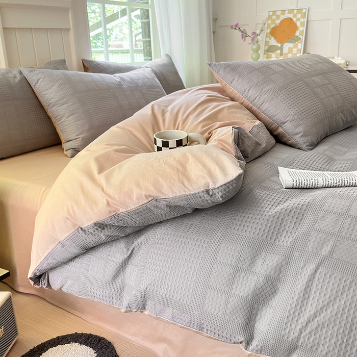 91家纺网 家纺一手货源 找家纺 菡宝 2025新款全棉纯棉色织小提花四件套支持定制定做尺寸 大方块灰