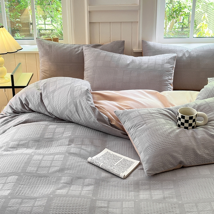 91家纺网 家纺一手货源 找家纺 菡宝 2025新款全棉纯棉色织小提花四件套支持定制定做尺寸 大方块灰